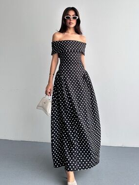 Off-Shoulder Black Polka Dot Maxi Dress - White Dots best ideal fabrics